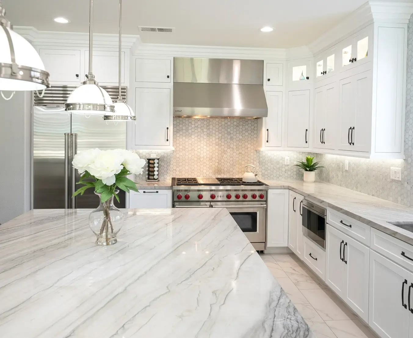 Prep counter with sink, spice pull-out and quartz top